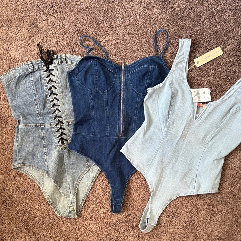 Denim Bodysuit Trio in Light Blue, Dark Blue, Acid Wash